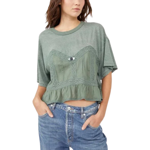 NEW Free People Fall In Love Lace Ruffle Tee Washed Army Green Womens Size M NWT - Picture 1 of 17